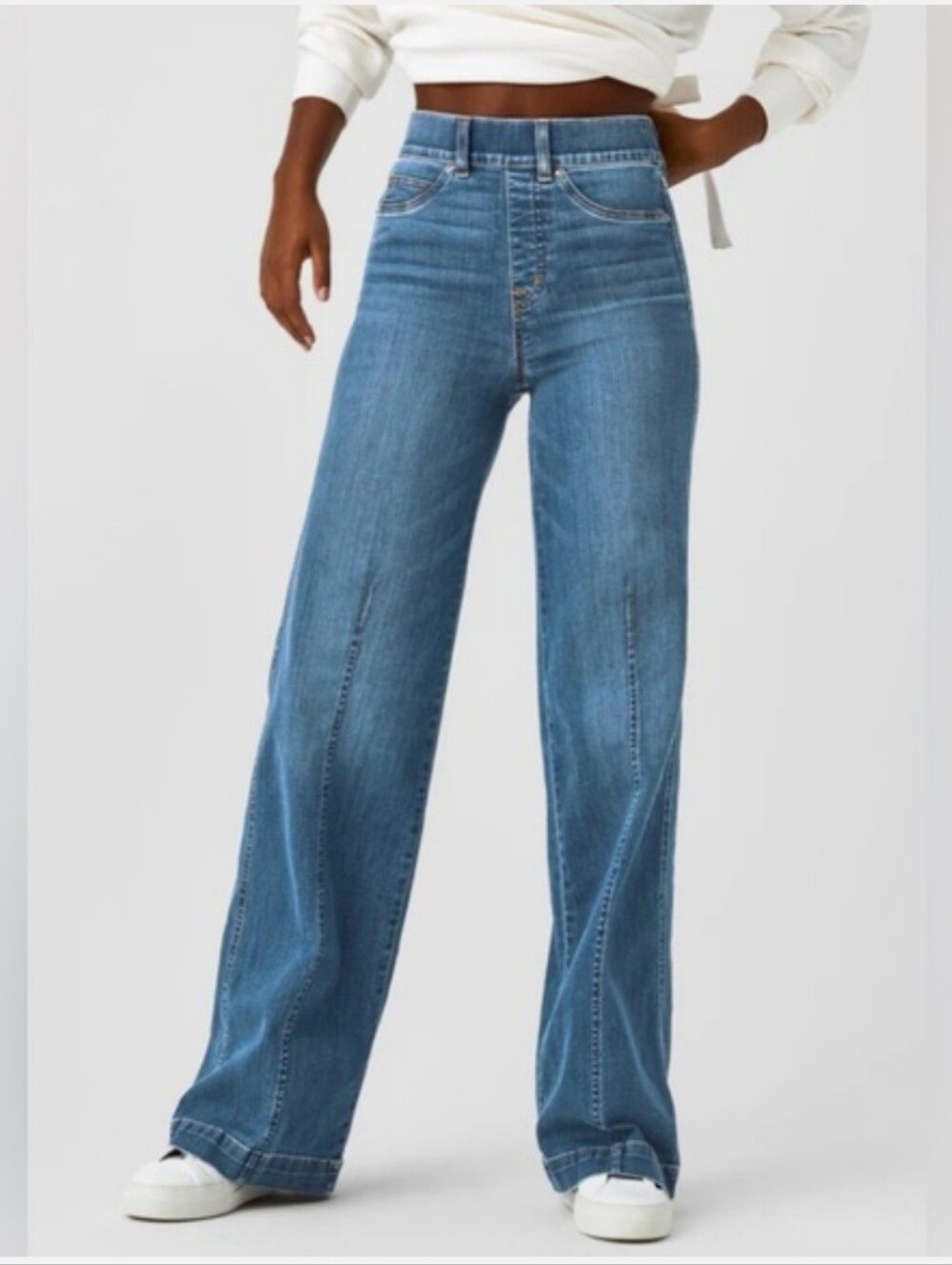 Spanx Seamed Front Wide-Leg Denim Jeans in Medium Wash Womens Sz S Tummy control
